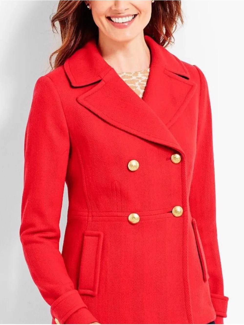 Talbots Double Breasted Pea Coat Persimmon Red 8 Petite Gold Buttons Classic